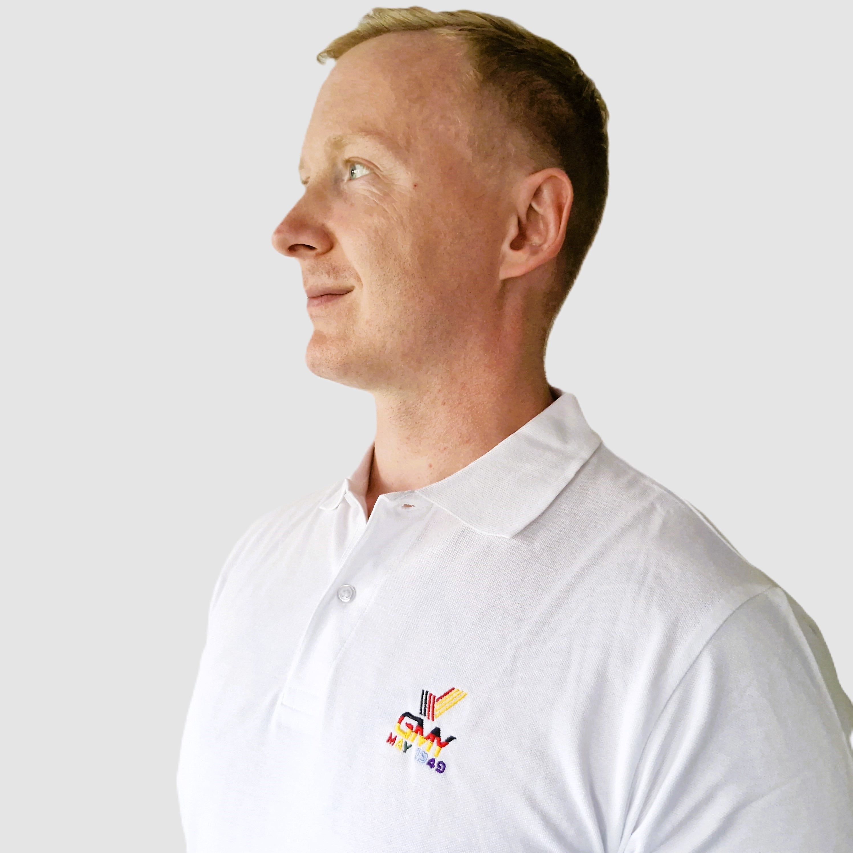 "GMY" Men´s Polo Shirt Perfect Weiss "The GMY Original", gesticktes Logo