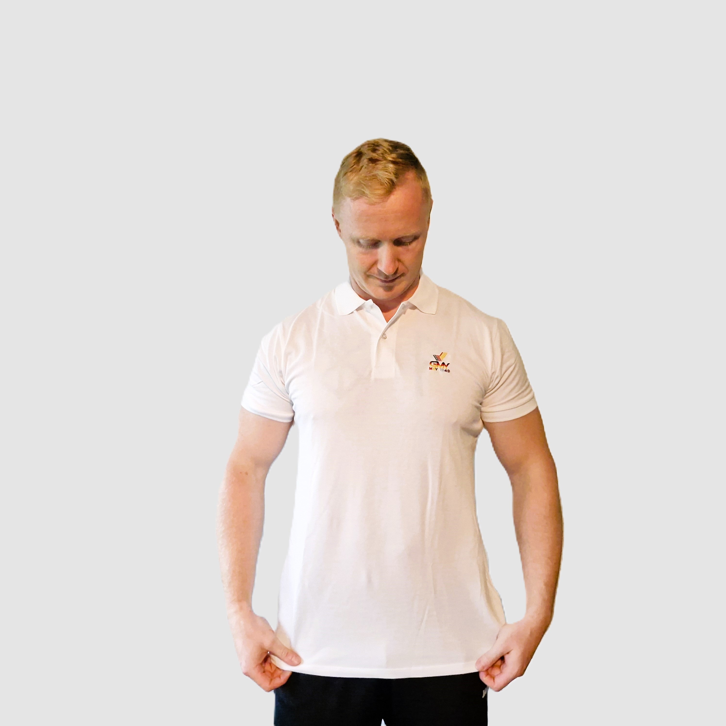 "GMY" Men´s Polo Shirt Perfect Weiss "The GMY Original", gesticktes Logo