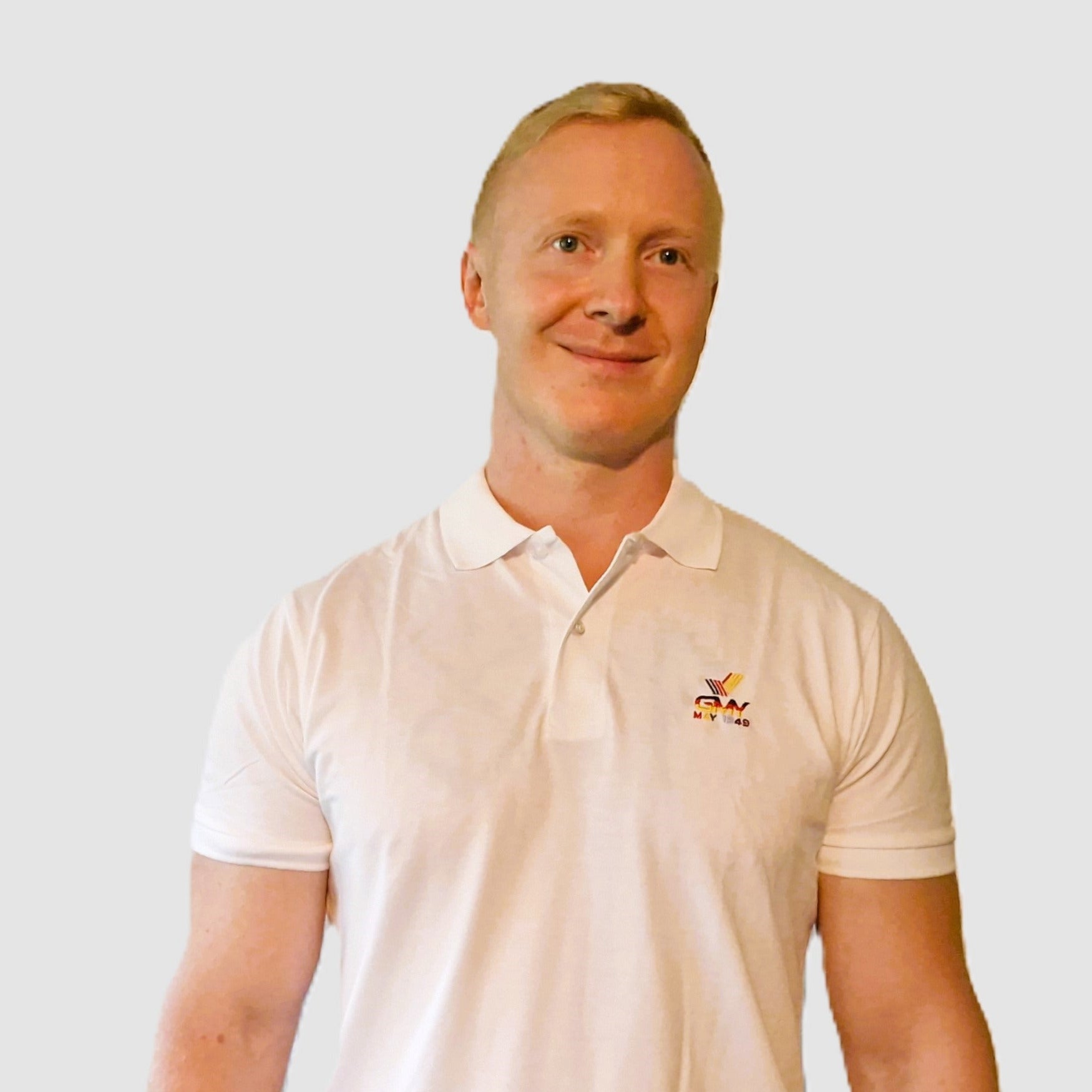 "GMY" Men´s Polo Shirt Perfect Weiss "The GMY Original", gesticktes Logo